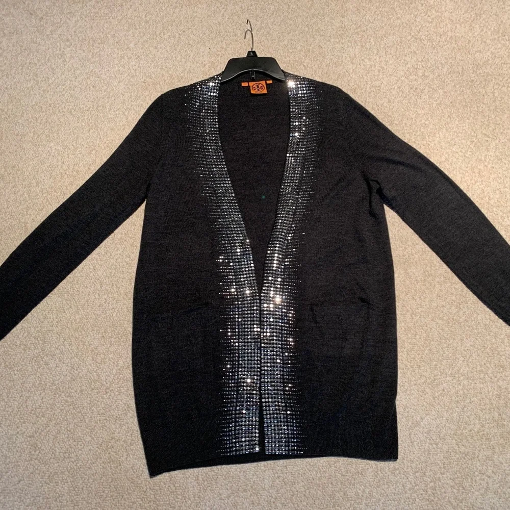 Tory Burch Dark Gray Sequin Cardigan, size Large